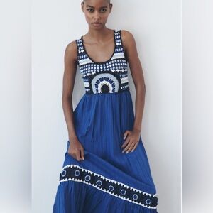Zara Blue and White Embroidered Maxi Dress